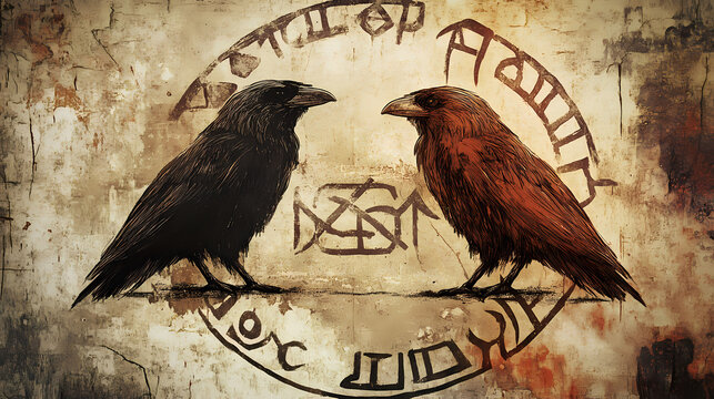 Hugin and munin. Runic Script. Illustration