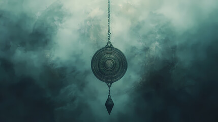 Occult pendulum over a mystic symbol, foggy atmosphere. Oracles Tapestry. Illustration
