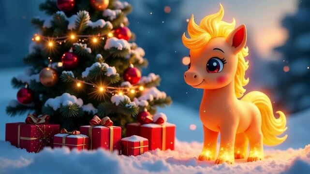 Christmas tree and fire horse a symbol of the new year 2026, animated cartoon pony