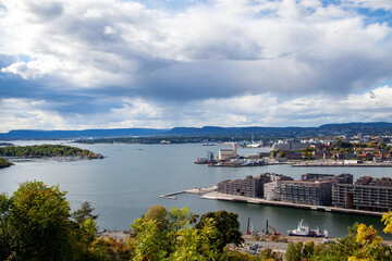 High Resolution Oslo City Bay  with Clouds and Modern Structures