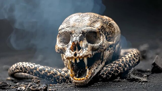 A detailed skull of a snake with smoke curling around it, set against a dark, textured background