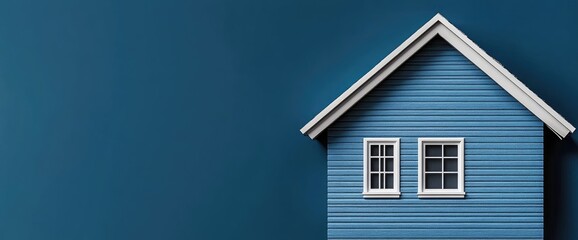 Blue house with white trim, two windows, on a simple blue background