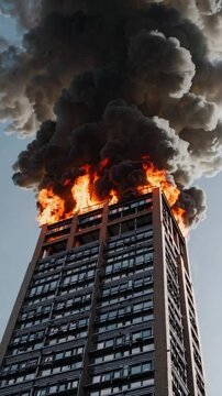 A building is on fire and the smoke is billowing out of the top of the building
