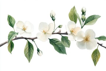 Fototapeta premium Green leaves white flowers watercolor painting