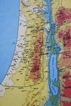 Ancient biblical map showing regions of Philistia, Samaria, Judea, and Moab with major cities such as Jerusalem, Hebron, and Jericho during biblical times.