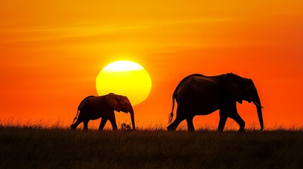 Fototapeta premium African elephant silhouette at sunset wildlife photography safari adventure travel background wallpaper image stock