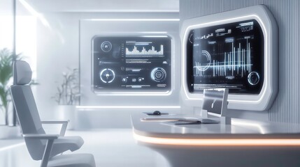 Fototapeta premium Futuristic office interior with advanced technology displays and ergonomic furniture.