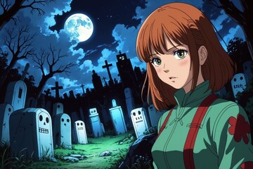 Young girl stands in a graveyard at night under a bright full moon surrounded by tombstones and dark clouds