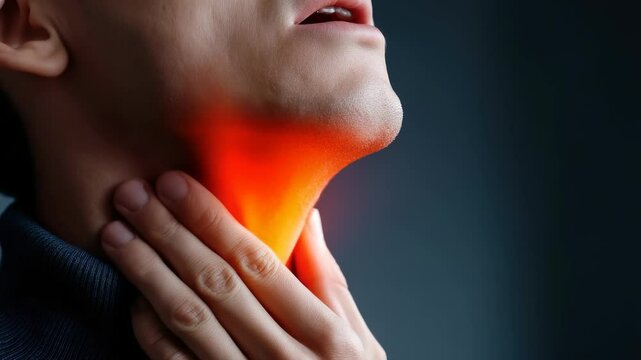 Throat distress: painful sensation, red glow, cold symptoms, tonsil irritation, thyroid imbalance, viral infection, swollen nodes, inflammation symbol, voice disruption, health struggle,.