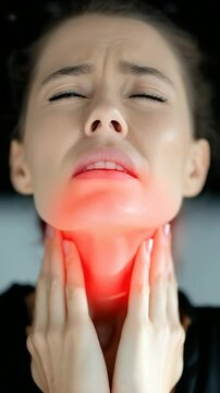 Throat discomfort: inflammation symbol, red glow, viral infection, sore sensation, thyroid issues, micro-nodules, tonsil pain, cold symptoms, health challenge, vocal distress, respiratory condition.