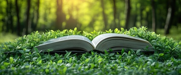 Open book resting on bright green foliage, woods in background, bathed in sunlight