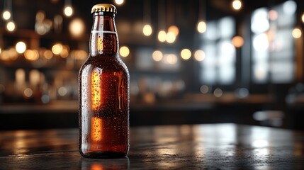 Icy beverage bottle rests on counter, soft glowing bar lights behind