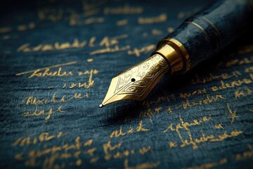 Elegant fountain pen rests on handwritten script on textured paper in soft, warm light