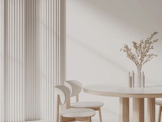 Minimalist dining area with neutral tones, featuring a round table, modern chairs, and a decorative vase with plants. Soft, natural light.