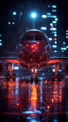 Glowing aircraft on rainy airport tarmac at night. Lights are reflecting, giving a wet look