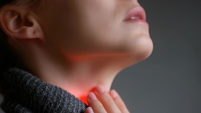 Throat discomfort: inflammation symbol, red glow, viral infection, sore sensation, thyroid issues, micro-nodules, tonsil pain, cold symptoms, health challenge, vocal distress, respiratory condition.