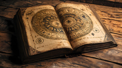 An ancient book with intricate symbols and celestial designs, representing the mysteries of astrology. Celestial Chronicle. Illustration