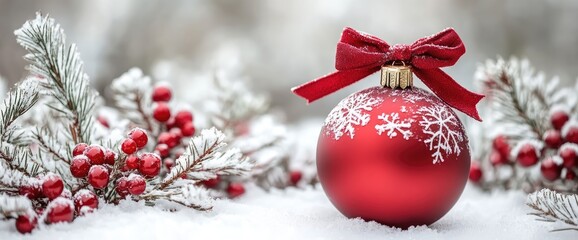 Holiday Decor Red ornament, bow, snowflakes, berries, and frosted branches on snow