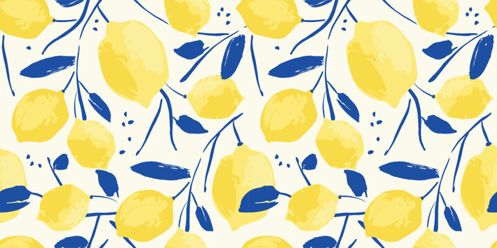 Vector seamless pattern with abstract lemons. Trendy hand drawn art textures. Modern abstract design for paper, cover, fabric, interior decor and other