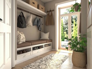 Cozy entryway with bench seating, shoe storage, and coat hooks, enhanced by natural light and greenery, creating a welcoming atmosphere.