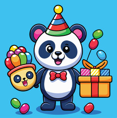 Naklejka premium Cute Cartoon Panda Celebrating Birthday With Gift Balloons And Party Hat