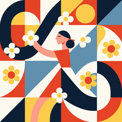 Obraz premium ​A vibrant fusion of abstract daisy motifs and geometric shapes, creating a modern, seamless pattern ideal for digital and print projects.