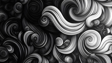 A stunning monochromatic swirl pattern, showcasing dynamic movement and depth in shades of black, gray, and white.