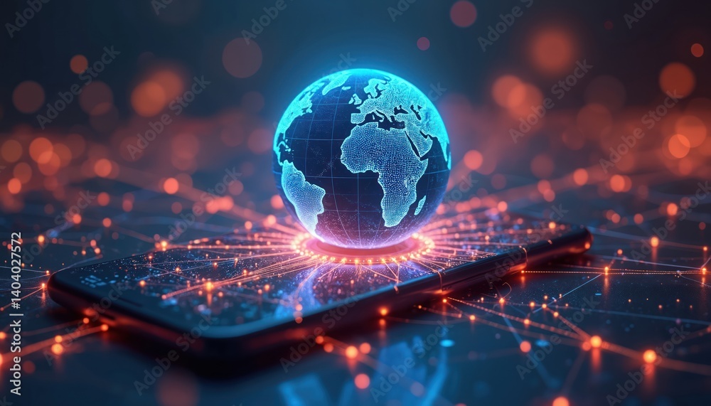 Leinwandbilder futuristic digital world in phone. glowing globe world map on mobile device internet connection. glo