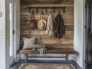 Rustic entryway features a wooden bench, hooks with hanging items, creating a warm, inviting welcome to the home. Stylish and practical.