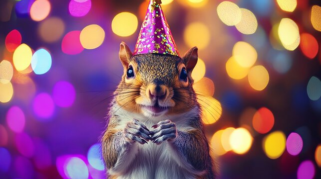 Funny squirrel birthday party animal celebration with party hat and bokeh background image stock photo