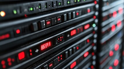 Naklejka premium Close-up of a Server Rack with Red Indicator Lights
