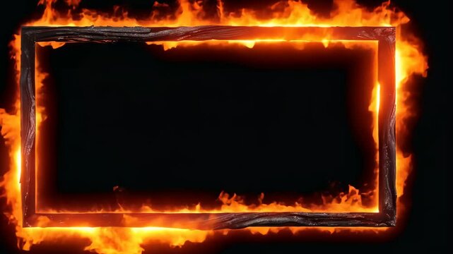 Burning rectangular flame frame with charred metal accents on black background, concept of fire border or hot warning template