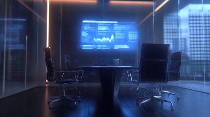 Modern futuristic conference room with large screen displaying data graphs and city view.