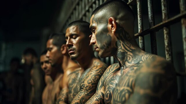 Defiant serious Group of hispanic tattooed gang member inmates posing in jail looking at camera