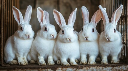 Fluffy white rabbits group portrait in cage adorable bunny pets animal farm easter rabbit breed cute hares © Mitchell