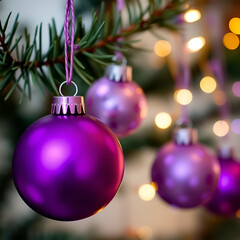 Obraz premium Purple christmas ornaments with twinkling lights