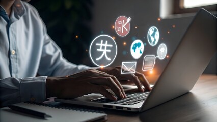 Multilingual Language Translation, Communication Concept. Man using laptop with icons various languages, global language translate, multilingual technology, international connections, AI translator, 