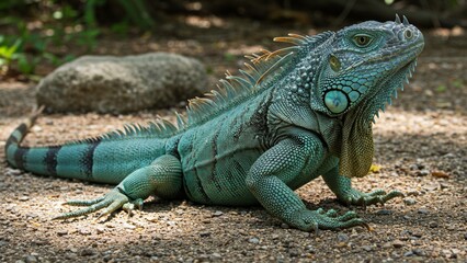 Fototapeta premium A stunning close-up image of a Blue Iguana, featuring its vibrant blue scales and unique facial features
