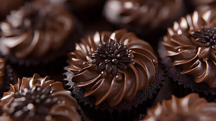 Luxurious chocolate cupcakes with intricate frosting design, creating an indulgent treat.