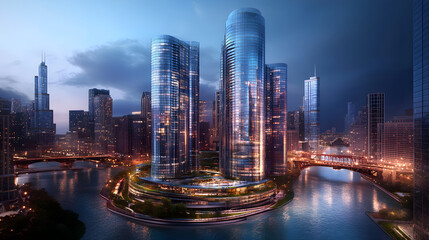 Fototapeta premium Visionary Urban Oasis: A Symphony of Light, Nature, and Connective Architecture