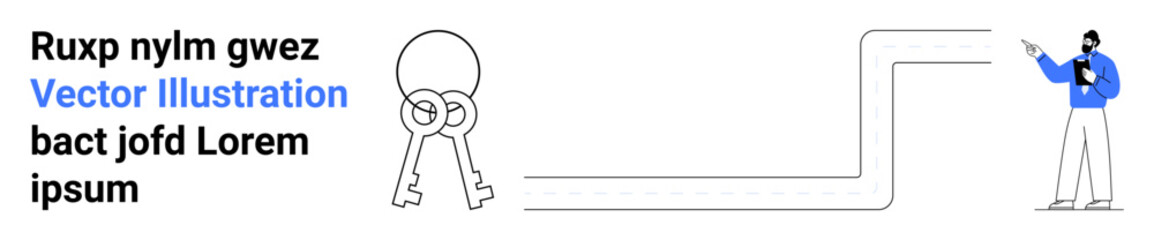 Man pointing towards keys and a path. Concept of opportunity, guidance, success. Ideal for marketing, decision-making, leadership, business strategy, planning concepts and a simple landing page