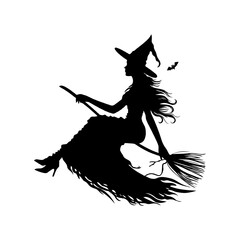 Silhouette of a witch riding a broomstick with flowing hair and dress, black graphic style on white background, concept of Halloween magic