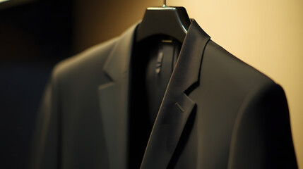 Elegant black suit hanging on display, conveying sophistication and style.