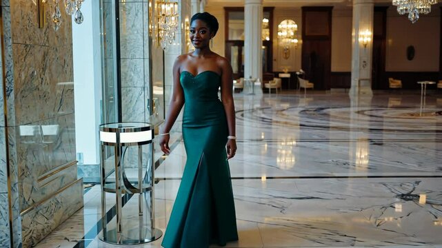 Elegant woman in strapless green gown standing in opulent marble lobby with chandeliers and golden accents, walking towards camera, smiling.