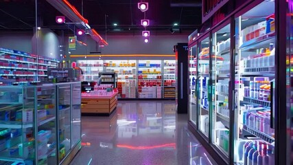 This store features shelves filled with colorful cosmetic products, attracting evening shoppers.