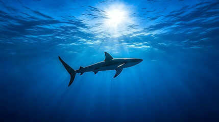 Naklejka premium Silhouette Of Shark Underwater With Sunlight Rays
