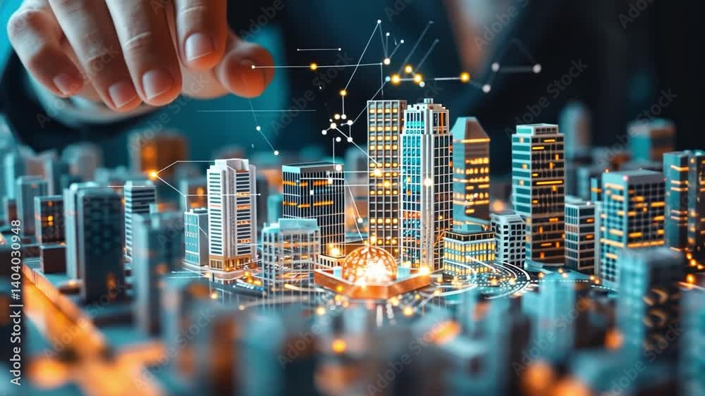 Poster a hand reaches toward a detailed model of a modern city skyline, emphasizing the use of artificial i