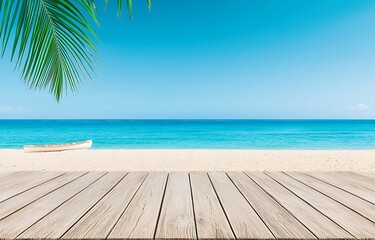 Fototapeta premium Tranquil Beach Scene with Wood Deck and Clear Blue Sky