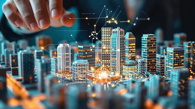 A hand reaches toward a detailed model of a modern city skyline, emphasizing the use of artificial intelligence in real estate design and urban planning.