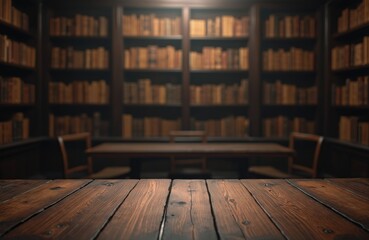 Empty wooden table with blurred dark law library background. Bookshelves, reading room, copy space. Legal profession, book lover theme, knowledge, education. AI art.